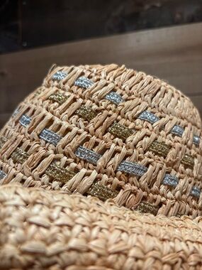 Woven Straw Sun Hat with Metallic Gold & Silver Accents NWT